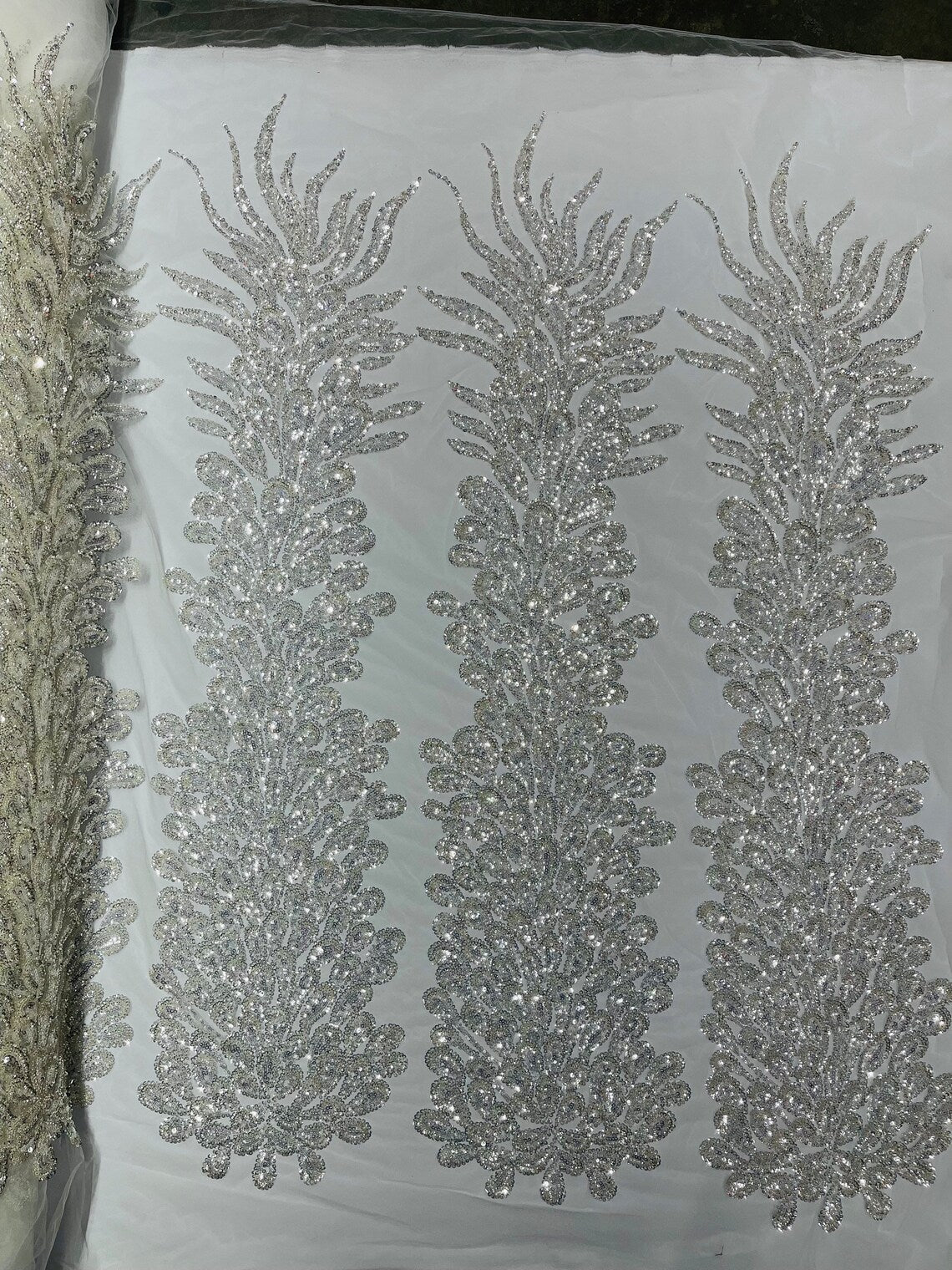 3D Beaded Peacock Feathers - Clear - Sequins Embroidered Beaded Vegas Design On a Mesh Lace Fabric (Choose The Panels)