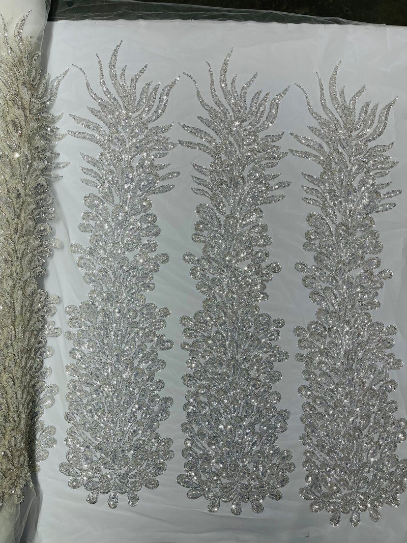 3D Beaded Peacock Feathers - Clear - Sequins Embroidered Beaded Vegas Design On a Mesh Lace Fabric (Choose The Panels)