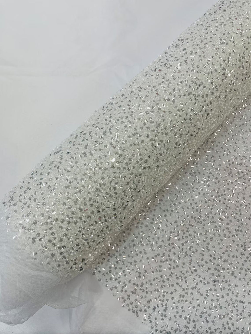 Pearl Sequins Bead Fabric - Clear - Small Beads and Sequins Embroidered on Lace By Yard