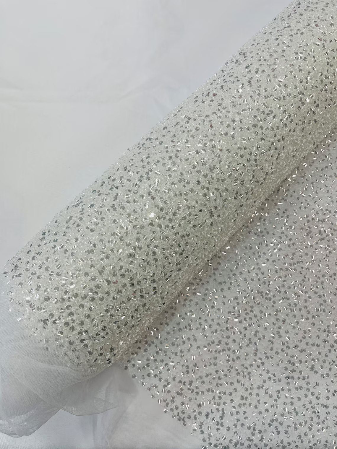 Pearl Sequins Bead Fabric - Clear - Small Beads and Sequins Embroidered on Lace By Yard