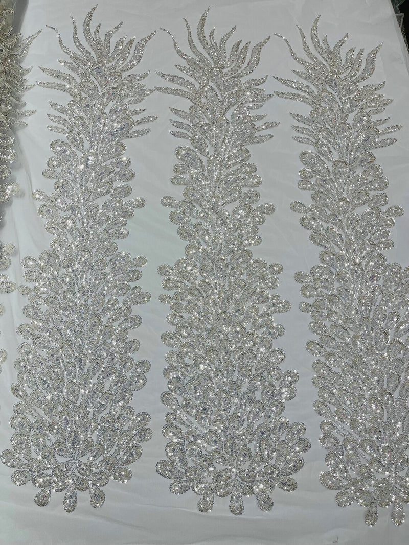 3D Beaded Peacock Feathers - Clear - Sequins Embroidered Beaded Vegas Design On a Mesh Lace Fabric (Choose The Panels)