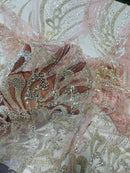 Fancy Wavy Leaf Bead Fabric - Clear on Pink - Leaf Line Beaded Design Embroidered Mesh By Yard