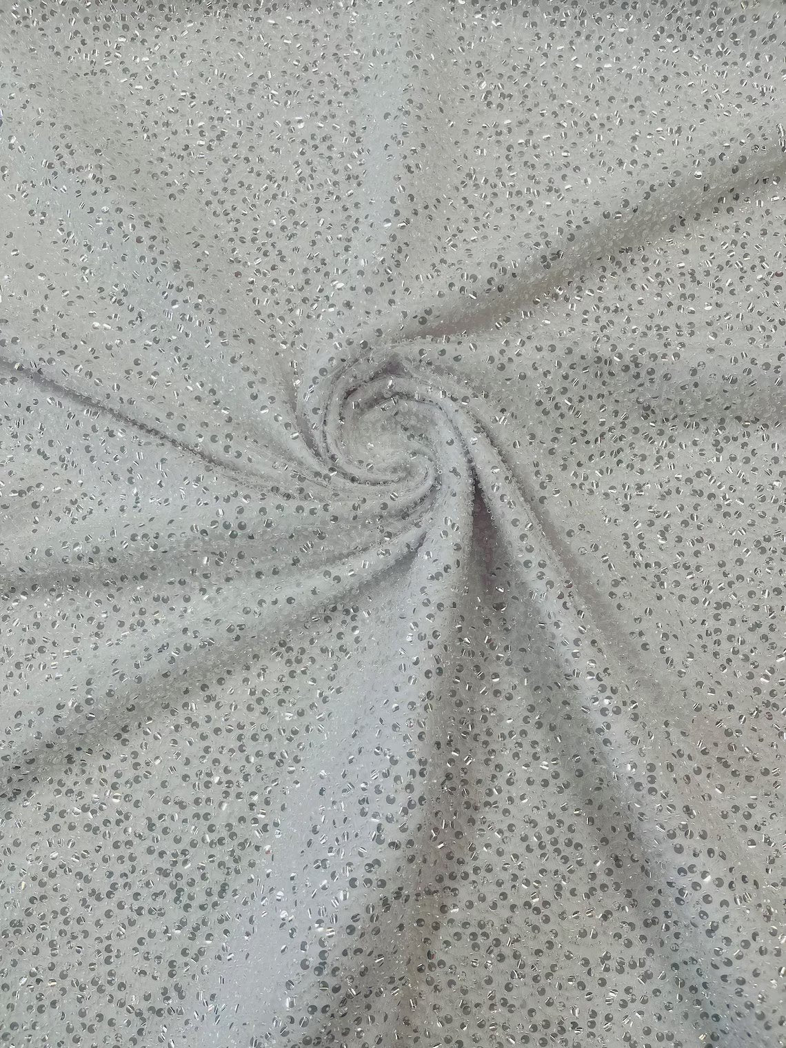 Pearl Sequins Bead Fabric - Clear - Small Beads and Sequins Embroidered on Lace By Yard