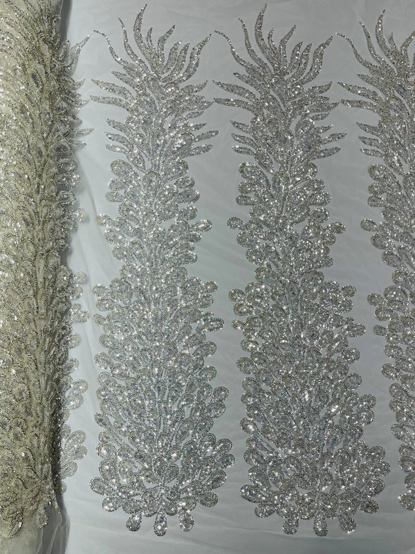3D Beaded Peacock Feathers - Clear - Sequins Embroidered Beaded Vegas Design On a Mesh Lace Fabric (Choose The Panels)