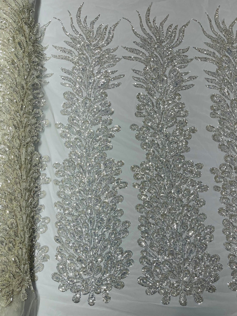 3D Beaded Peacock Feathers - Clear - Sequins Embroidered Beaded Vegas Design On a Mesh Lace Fabric (Choose The Panels)