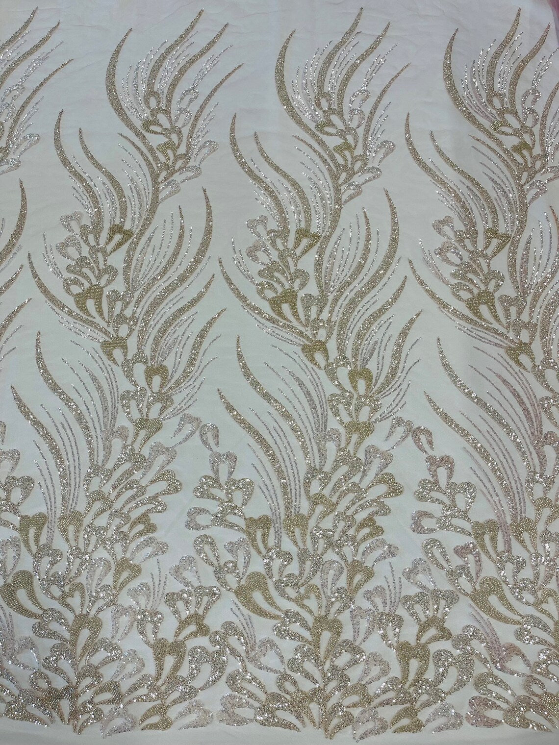 Fancy Wavy Leaf Bead Fabric - Clear on Pink - Leaf Line Beaded Design Embroidered Mesh By Yard