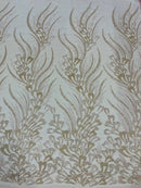 Fancy Wavy Leaf Bead Fabric - Clear on Pink - Leaf Line Beaded Design Embroidered Mesh By Yard