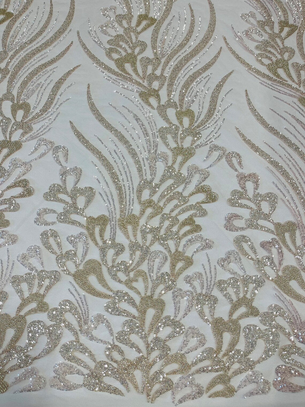 Fancy Wavy Leaf Bead Fabric - Clear on Pink - Leaf Line Beaded Design Embroidered Mesh By Yard