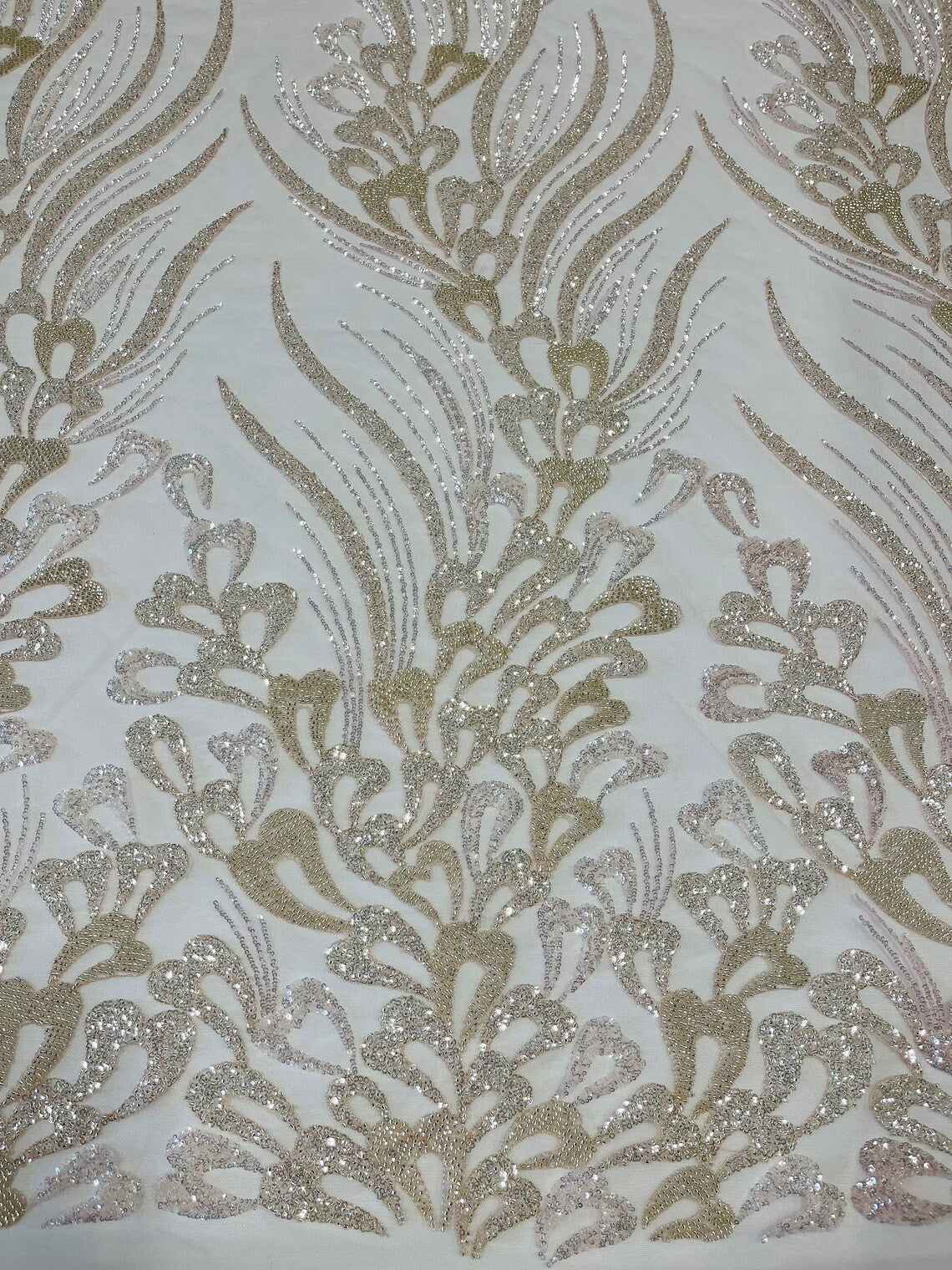 Fancy Wavy Leaf Bead Fabric - Clear on Pink - Leaf Line Beaded Design Embroidered Mesh By Yard