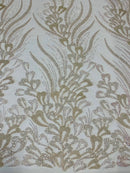 Fancy Wavy Leaf Bead Fabric - Clear on Pink - Leaf Line Beaded Design Embroidered Mesh By Yard