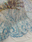 Heart Damask Sequins - Clear Iridescent on White  - 4 Way Stretch Sequins Fabric By Yard