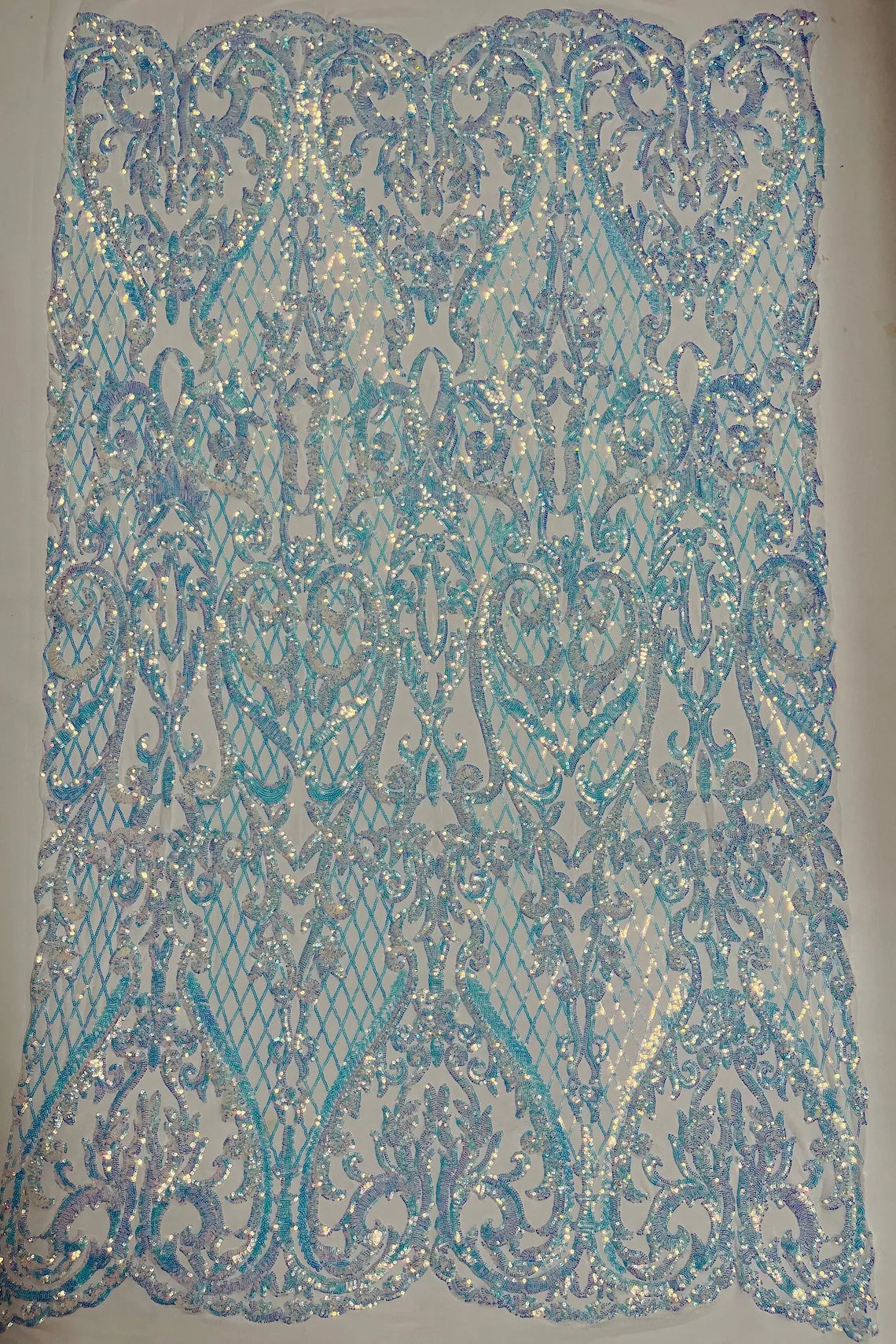 Heart Damask Sequins - Clear Iridescent on White  - 4 Way Stretch Sequins Fabric By Yard
