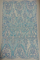 Heart Damask Sequins - Clear Iridescent on White  - 4 Way Stretch Sequins Fabric By Yard