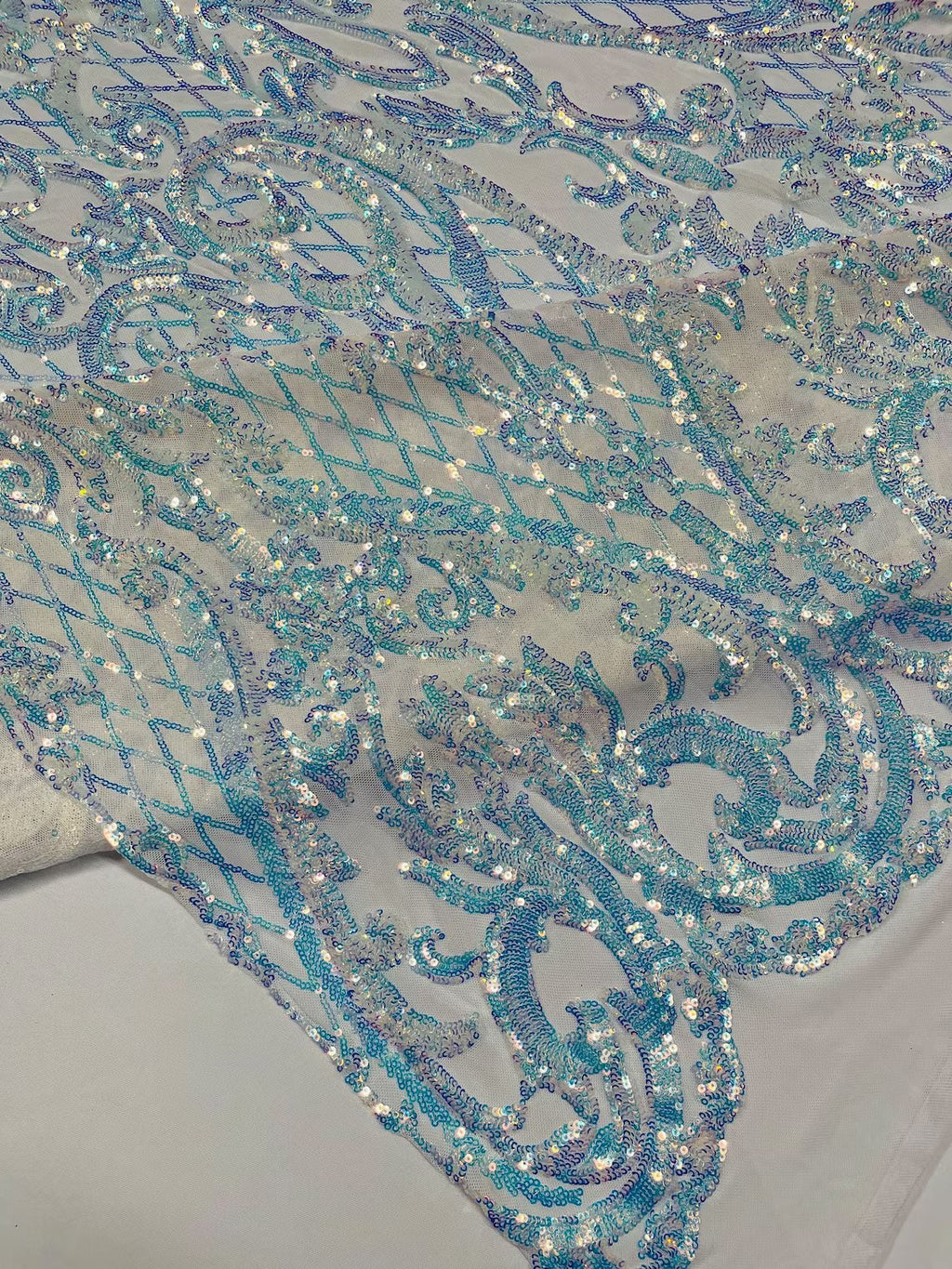 Heart Damask Sequins - Clear Iridescent on White  - 4 Way Stretch Sequins Fabric By Yard