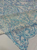 Heart Damask Sequins - Clear Iridescent on White  - 4 Way Stretch Sequins Fabric By Yard