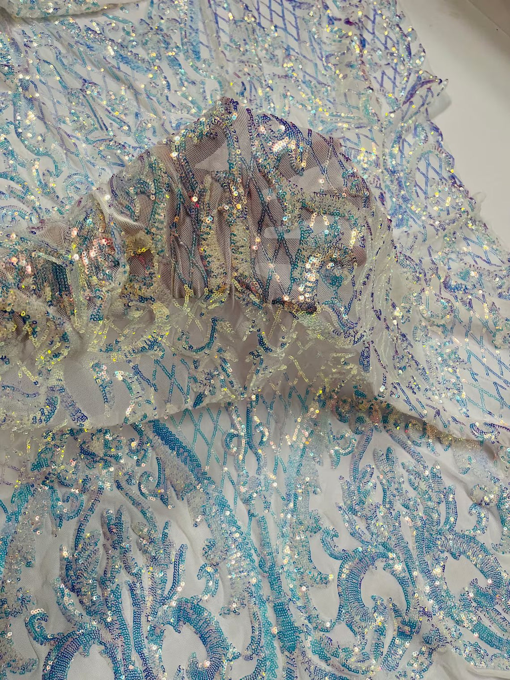Heart Damask Sequins - Clear Iridescent on White  - 4 Way Stretch Sequins Fabric By Yard