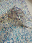 Heart Damask Sequins - Clear Iridescent on White  - 4 Way Stretch Sequins Fabric By Yard