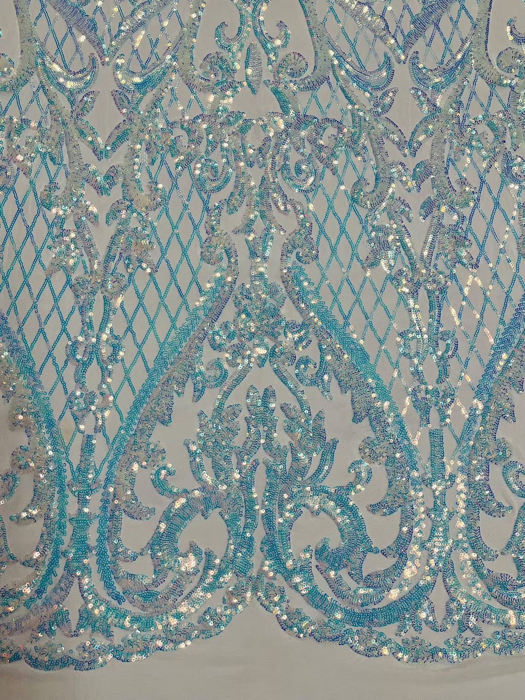 Heart Damask Sequins - Clear Iridescent on White  - 4 Way Stretch Sequins Fabric By Yard