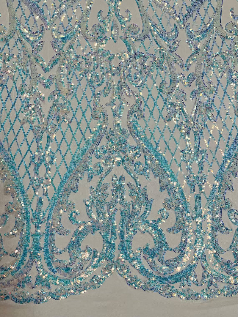 Heart Damask Sequins - Clear Iridescent on White  - 4 Way Stretch Sequins Fabric By Yard