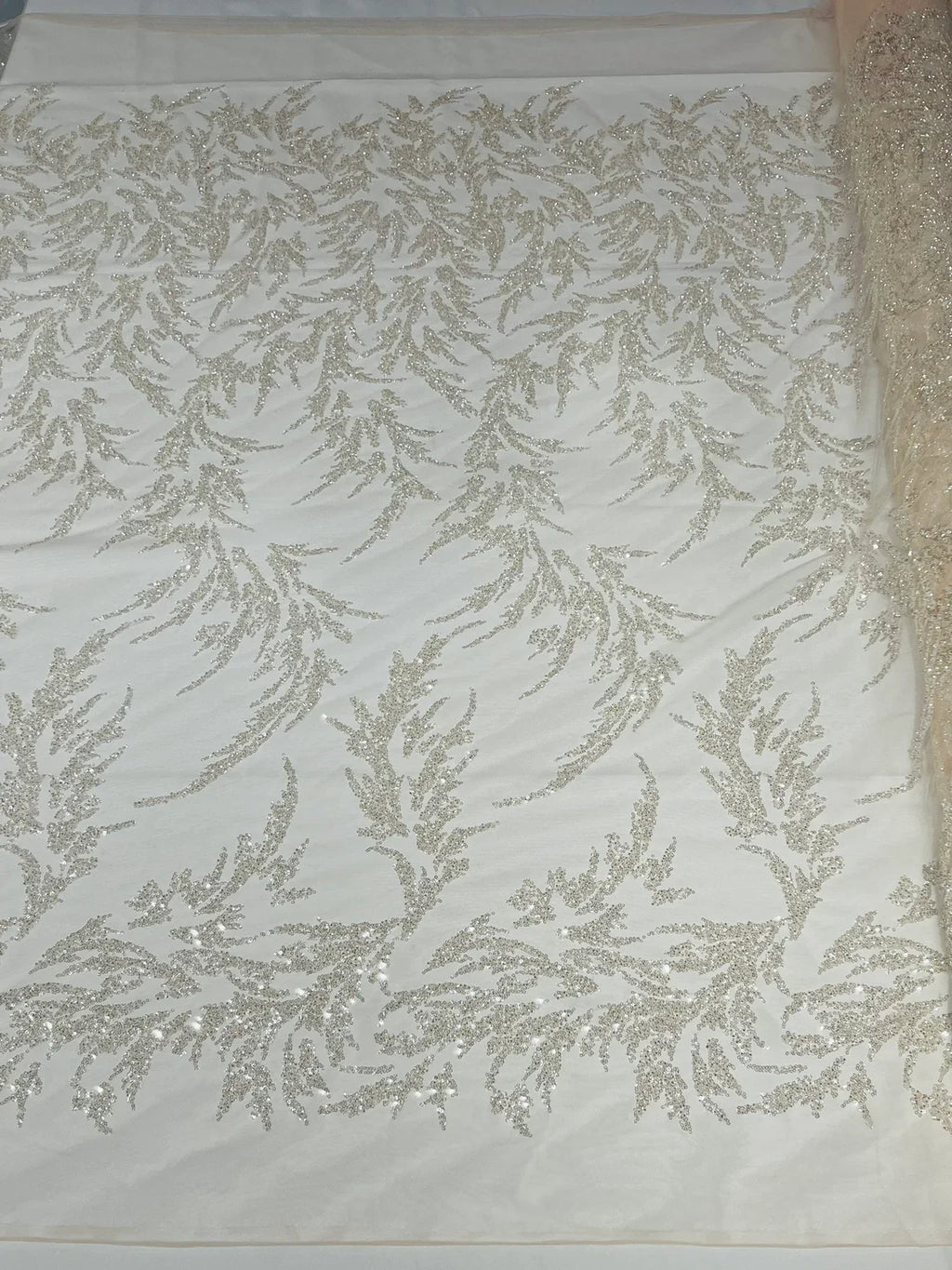 Leaf Plant Cluster Design Fabric - Clear Blush on Mesh - Beaded Embroidered Leaves Design on Lace Mesh By Yard