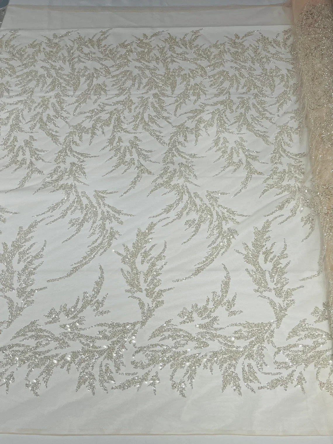 Leaf Plant Cluster Design Fabric - Clear Blush on Mesh - Beaded Embroidered Leaves Design on Lace Mesh By Yard