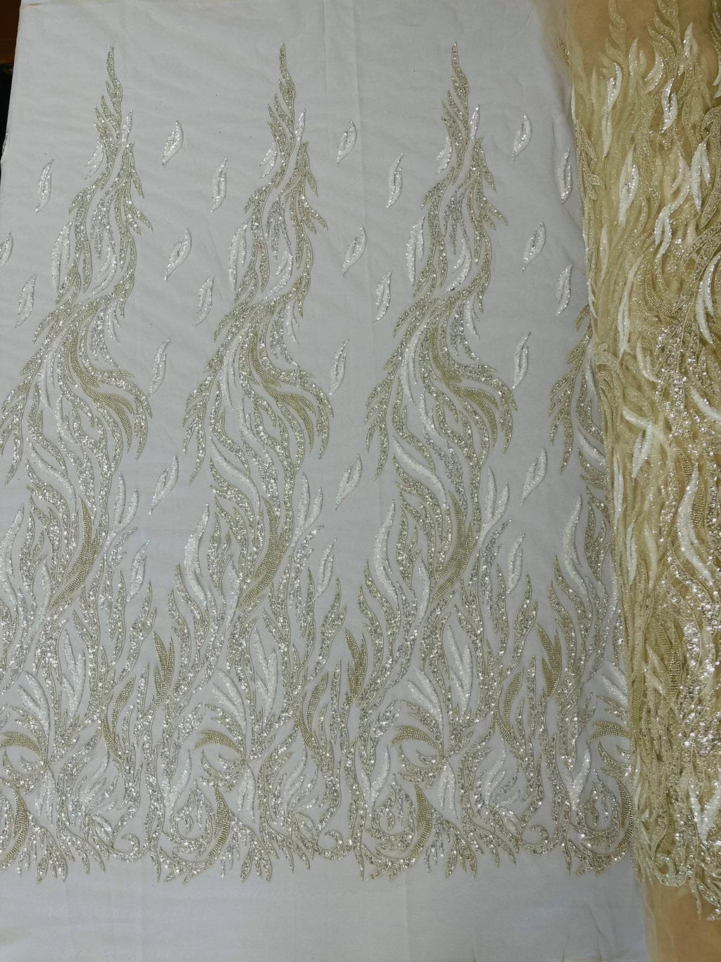 Fire Flame Bead Design - Clear Cream - Embroidered Fire Flame Design Fabric with Beads by Yard
