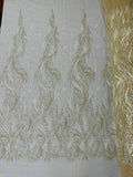 Fire Flame Bead Design - Clear Cream - Embroidered Fire Flame Design Fabric with Beads by Yard