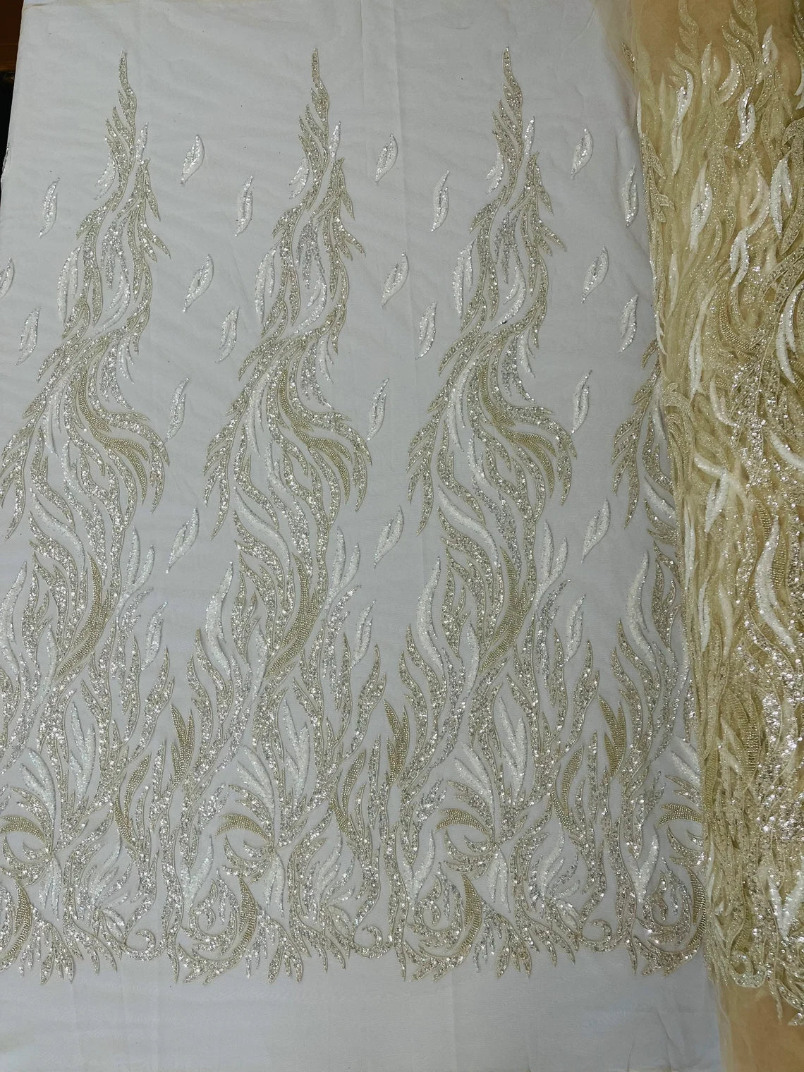 Fire Flame Bead Design - Clear Cream - Embroidered Fire Flame Design Fabric with Beads by Yard