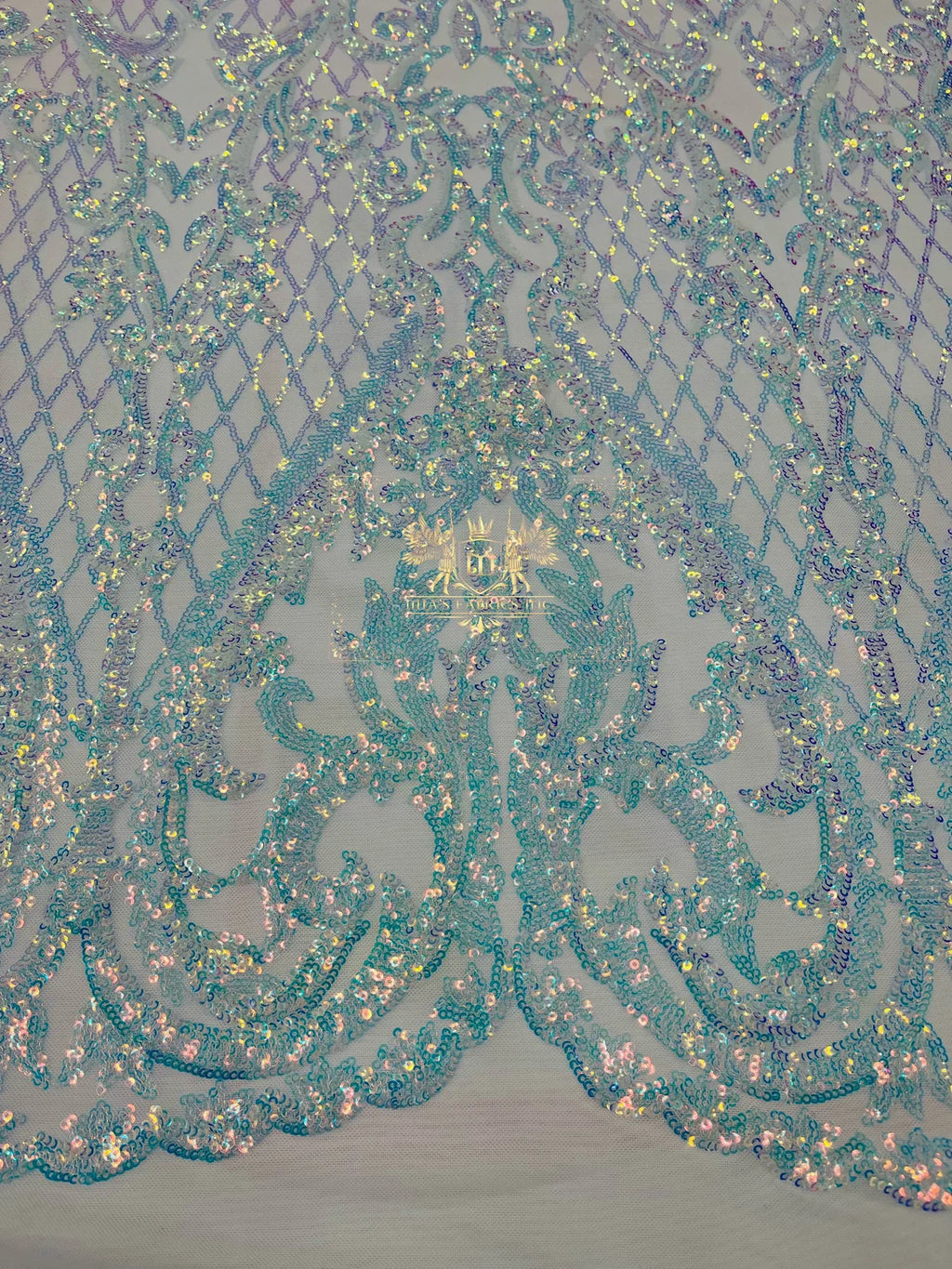 Heart Damask Sequins - Clear Iridescent - 4 Way Stretch Elegant Shiny Net Sequins Fabric By Yard