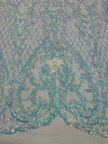 Heart Damask Sequins - Clear Iridescent - 4 Way Stretch Elegant Shiny Net Sequins Fabric By Yard