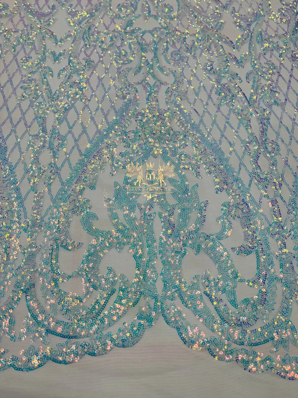 Heart Damask Sequins - Clear Iridescent - 4 Way Stretch Elegant Shiny Net Sequins Fabric By Yard