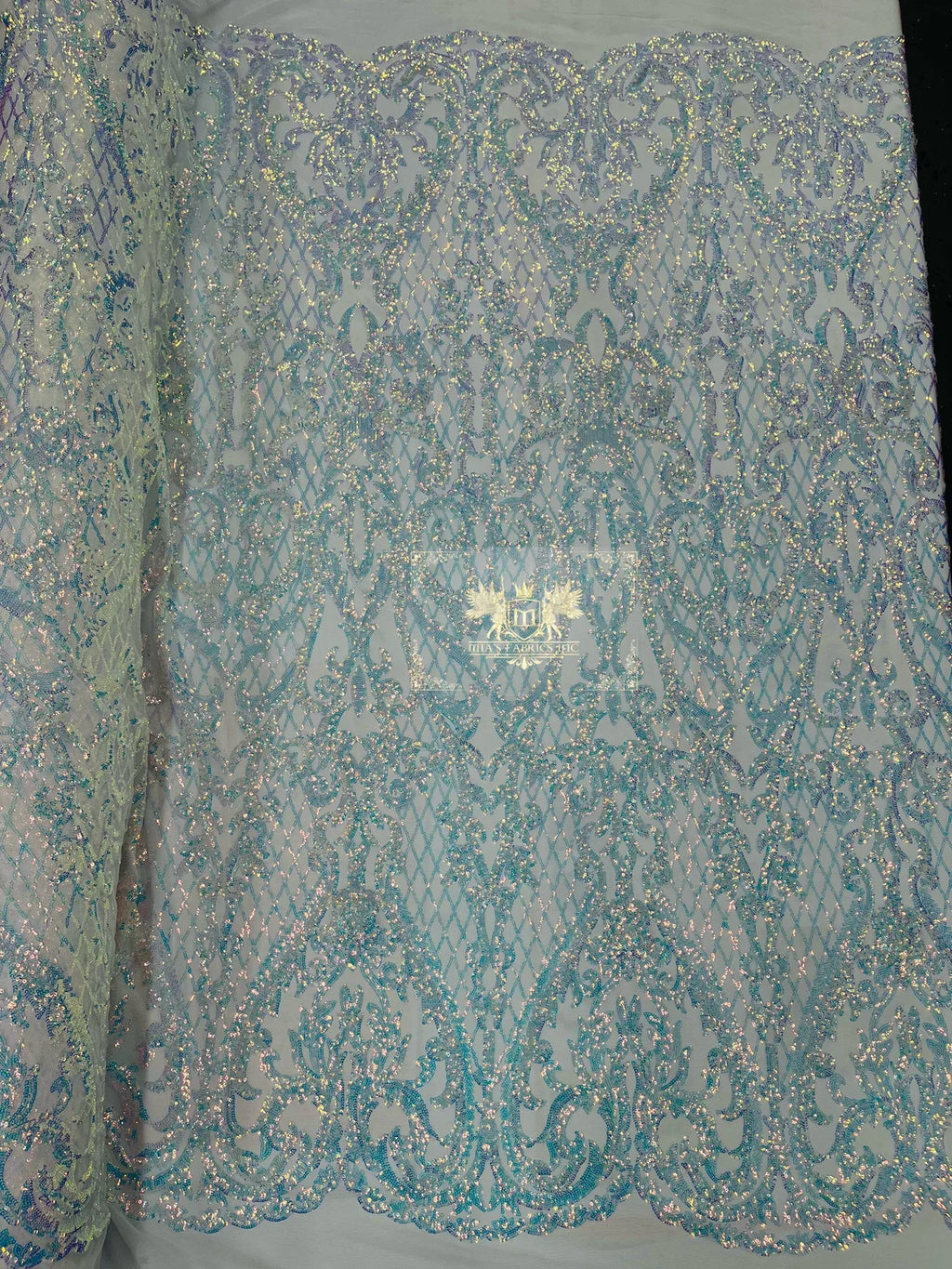 Heart Damask Sequins - Clear Iridescent - 4 Way Stretch Elegant Shiny Net Sequins Fabric By Yard