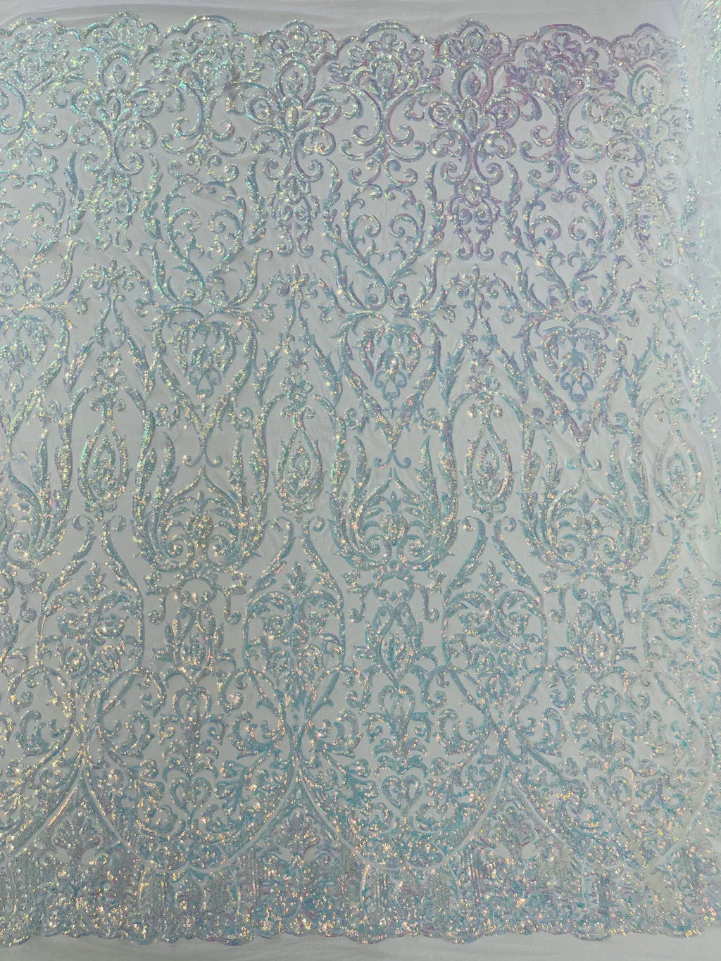 Damask Decor Sequins - Clear Iridescent - 4 Way Stretch Design High Quality Fabric By Yard