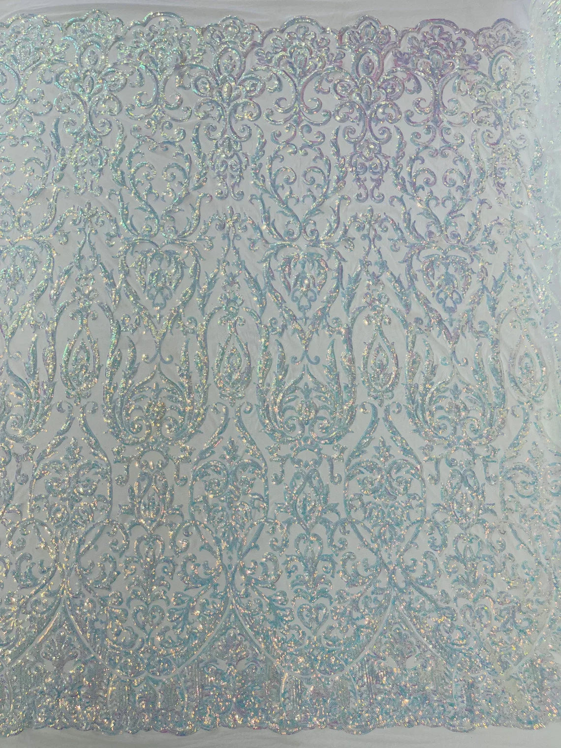 Damask Decor Sequins - Clear Iridescent - 4 Way Stretch Design High Quality Fabric By Yard