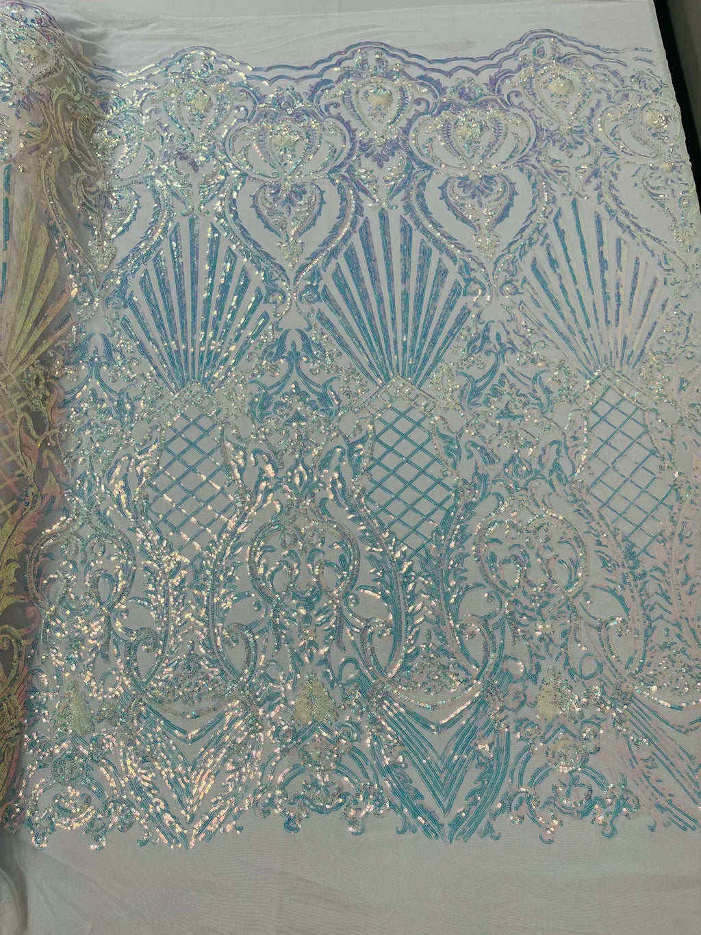 Damask Geometric Sequins - Clear Iridescent - 4 Way Stretch Sequins Damask Pattern Design Sold By Yard