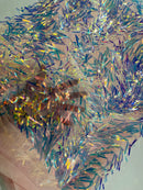 Sword Large Shiny Sequins - Clear Iridescent - Hanging Iridescent Sequins On Lace Fabric By Yard