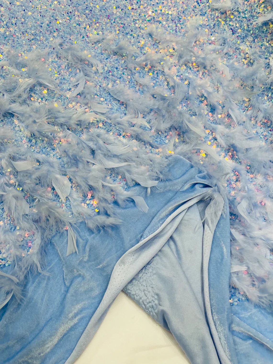 Feather Sequin Velvet Fabric - Clear Iridescent - 5mm Sequins Velvet 2 Way Stretch 58/60" Fabric By Yard