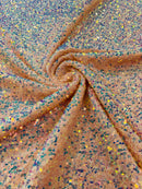 Stretch Velvet Sequins Fabric - Clear Iridescent on Blush - Velvet Sequins 2 Way Stretch 58/60” By Yard