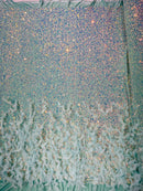 Feather Sequin Velvet Fabric - Clear Iridescent on Mint - 5mm Sequins Velvet 2 Way Stretch 58/60" Fabric By Yard