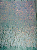 Feather Sequin Velvet Fabric - Clear Iridescent on Mint - 5mm Sequins Velvet 2 Way Stretch 58/60" Fabric By Yard