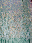 Feather Sequin Velvet Fabric - Clear Iridescent on Mint - 5mm Sequins Velvet 2 Way Stretch 58/60" Fabric By Yard