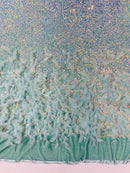 Feather Sequin Velvet Fabric - Clear Iridescent on Mint - 5mm Sequins Velvet 2 Way Stretch 58/60" Fabric By Yard