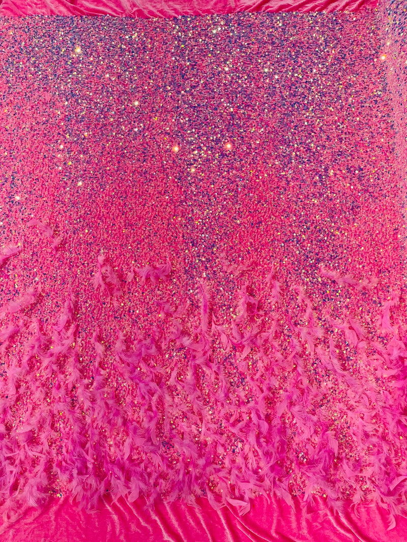 Feather Sequin Velvet Fabric - Clear Iridescent On Hot Pink - 5mm Sequins Velvet 2 Way Stretch 58/60" Fabric By Yard