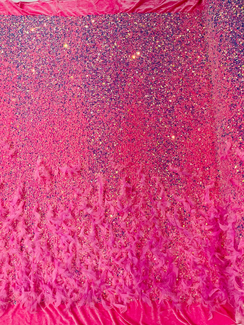 Feather Sequin Velvet Fabric - Clear Iridescent On Hot Pink - 5mm Sequins Velvet 2 Way Stretch 58/60" Fabric By Yard