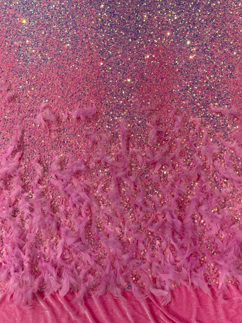 Feather Sequin Velvet Fabric - Clear Iridescent On Hot Pink - 5mm Sequins Velvet 2 Way Stretch 58/60" Fabric By Yard