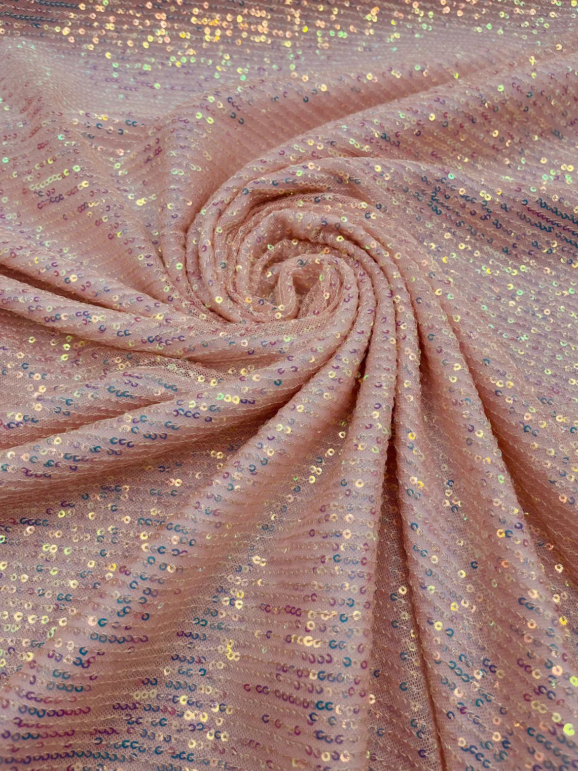 Mille Striped Stretch Sequins - Clear Iridescent on Pink - 4 Way Stretch Spandex Sequins Striped Fabric By The Yard