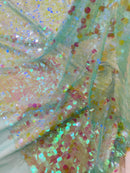 Round Large Sequins - Clear Mint Iridescent - Paillette Large Round Sequins Design Fabric By Yard