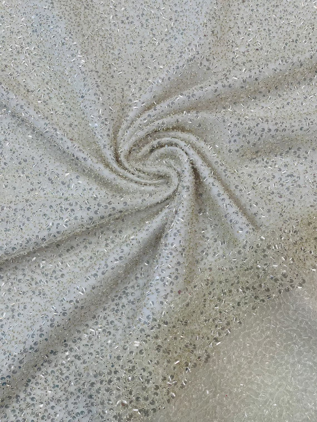 Pearl Sequins Bead Fabric - Clear on Off-White - Small Beads and Sequins Embroidered on Lace By Yard