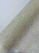 Pearl Sequins Bead Fabric - Clear on Off-White - Small Beads and Sequins Embroidered on Lace By Yard