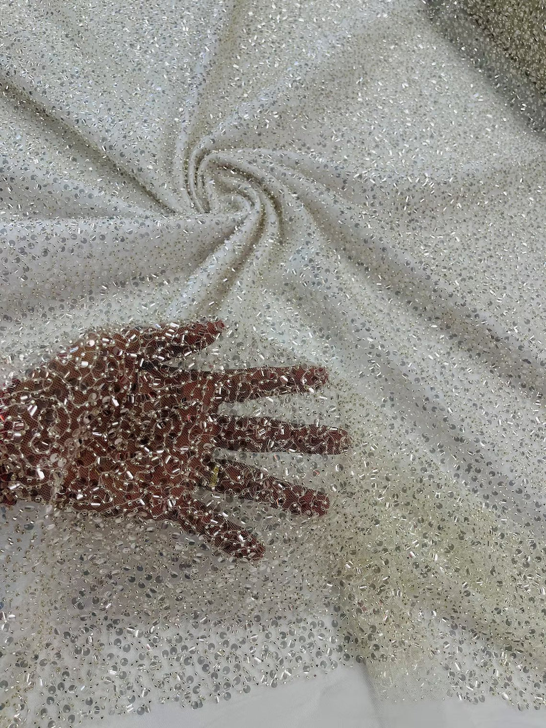 Pearl Sequins Bead Fabric - Clear on Off-White - Small Beads
